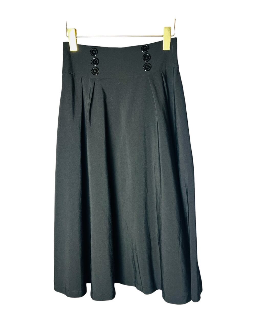 Belle Poque Black Pleated High Waist Button A-Line Midi Swing Skirt Pockets S